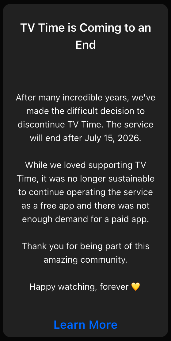 Comunicado del cierre de TV Time